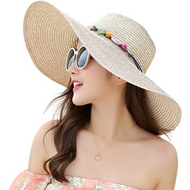 Lanzom Womens Wide Brim Summer Straw Hat Floppy Foldable Roll up Cap Beach Sun Hats UPF 50+(Style A-Khaki)