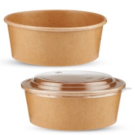 CHEF ROYALE 150x 1300ml Kraft Salad Paper Bowls with Lids - Takeaway Bowls for Hot/Cold Food - Leakproof Soup Containers - Carboard Packaging Bowls