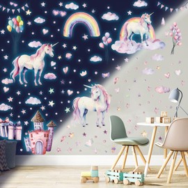 Unicorn Wall Tattoo Children's Room Luminous Stickers Unicorn Luminous Wall Sticker Girls Room Rainbow Castle Luminous Sticker Fluorescent Wall Sticker Baby Room Decoration for Girls Gifts Blue