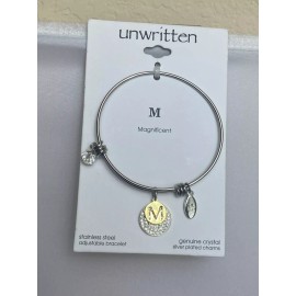 Unwritten Stainless Steel Adjustable Bangle Bracelet Initial M Charm Crystal NWT