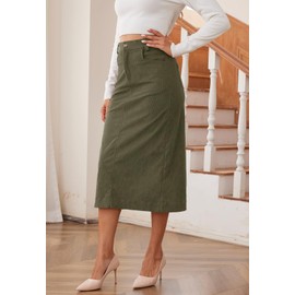 HERBATOMIA Women’s Midi Corduroy Skirt Pencil Trendy High Elastic Waisted Green Back Slit Long Trendy Skirts for Women with Pocket