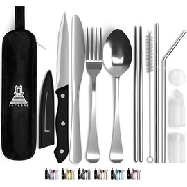 Set de cubiertos portátiles de viaje Taplord con estuche, incluye 10 piezas de utensilios de viaje con estuche, juego de cubiertos de acero inoxidable