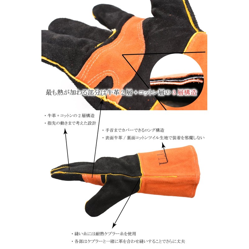 UJack Camping Gloves, Heat Resistant Gloves, Three-Layer Construction, Cowhide Leather,