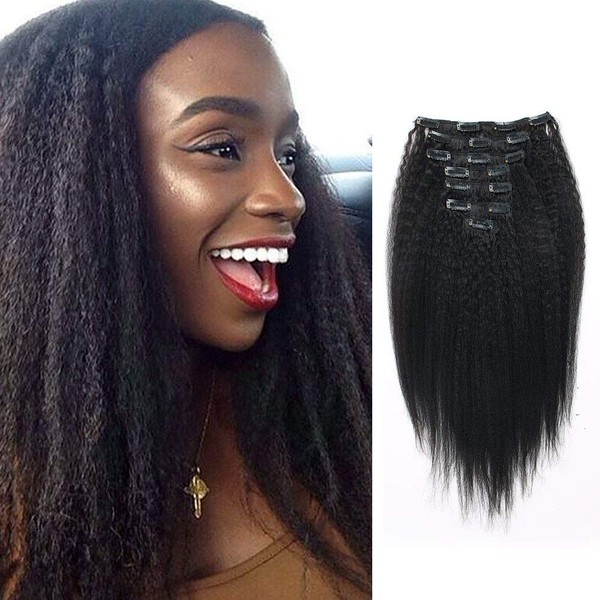 Lovrio Kinky Straight Clip In Hair Extensions Real Human Hair Remy Thick Human Hair Clip in Extensions for Black Women Natural Black Color 7 PIeces 17 Clips 120g Per Set, 20 Inch Kinky Straight Human Hair Clip Ins