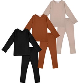 Silkfly 3 Set Kids Thermal Underwear Soft Cotton Boys Girls Long Underwear Toddler Base Layer Top Bottom for Kids Winter (Black, Caramel,Light Sand,5-6 Years)