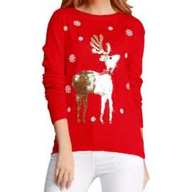 v28 Ugly Christmas Sweater for Women Reindeer Funny Merry Xmas Knit Sweaters(Large, A Red (Light-Gold Deer))