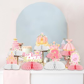 Sursurprise Princess 3rd Birthday Party Decorations, 8Pcs Her Royal Threeness Honeycomb Centerpieces Table Toppers for Girls, Princess Themed 3 Years Old Birthday Party Supplies