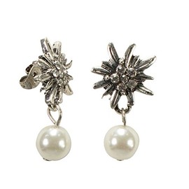 Alpenflüstern DOR041 Costume Stud Earrings Rhinestone Edelweiss Pearl Women's Costume Jewellery Costume Earrings in Black and Cream White, Zinc