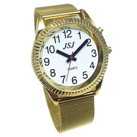 VISIONU Talking Analogue Watch with Alarm and Time and Date Display for Blind and Visually Impaired, Gold, Gold Strap, gold-coloured, Bracelet