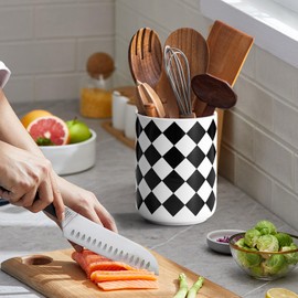 Kitchen Utensil Holder for Countertop， 6.4" Ceramic Utensil Holder Deep and Stable，Kitchen Utensil Organizer，Modern Checkered Utensil Holder for Kitchen Decor