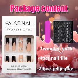 24Pcs Long Press on Nails Black Glitter French Tips Fake Nails 3D Butterfly Rhinestone Full Cover Glue on Nails Ballerina Acrylic False Nails with Charms Nail Decorations Stick on Nails for Women Girl