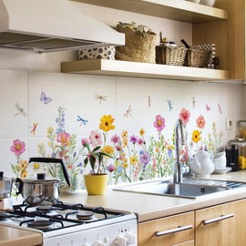 FUFUQUARE Garden Flower Wall Stickers Colorful Dragonflies Floral Wall Art Decals for Girls Bedroom Living Room Door Furniture Décor