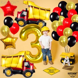 Construction Balloons 3rd Birthday Decorations - 26 Pcs, Giant Gold Number 3 Balloons, 40 Inch | Big 32 Inch Construction Truck Balloons | Digger Construction 3rd Birthday Party Decorations for Boys