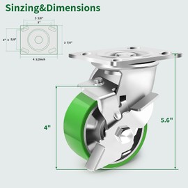 Humagineer 4 Inch Heavy Duty Industrial Grade Caster Set of 4, Industrial Swivel Casters with Brake, Maintenance-Free Aluminum Core PU Wheels 3600 LBS, Durable Casters Wheels for Industrial, Equipment