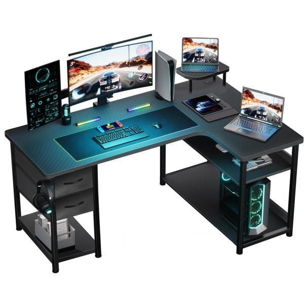 Gtracing Gaming Desk with Drawers, Carbon Fiber Style L Shaped