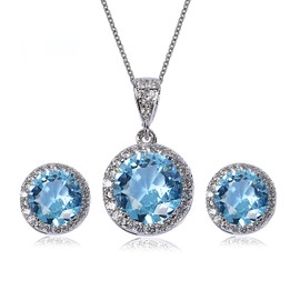 AMYJANE Crystal Jewelry Set for Women - Sterling Silver Round Aquamarine Cubic Zirconia Bridal Pendant Necklace Earrings Set for Wedding Bride Bridesmaids Birthstone Jewelry Sets