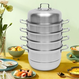 Steamer Pot 12.6in/32cm, 5 Tier Steamer for Cooking, 12.6 Inch Stainless Steel Steamer Pot with Tempered Glass Lid, Handles on Both Sides, Includes 2 Steaming Septa, Ideal for Vegetable, Food, Kitchen