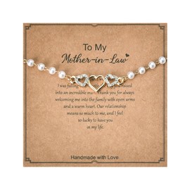 Birthday Mothers Day Gifts for Mother in Law Bracelet from Daughter in Law Mother of the Groom Gifts from Brade Mother-in-law Gifts Adjustable Pearl Heart Bracelet with Card