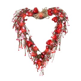 [ Timer ] Valentine's Day Wreaths for Front Door, 15 Inch Artificial Handmade Heart Wreath with 20 Red LED Lights, Red Pink White Berries Wreath for Home Wedding Party Anniversary Festival Decor