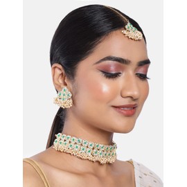 Aheli Kundan Pearl Choker Beaded Necklace Earrings Maang Tikka Set Indian Traditional Wedding Jewelry for Women Girls (Green)