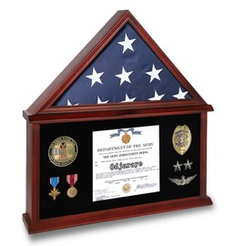 Large American Veteran Flag Display Case Solid Wood Memorial Flag Display Case with HD Tempered Glass for 5' X 9.5' Folded Burial Flag Military Flag Display Case with Certificate Holder, Mahogany