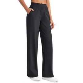 G4Free Trousers Pants for Women Wide Leg Yoga Work Pant with Pockets Dressy Casual Business Office Slack Elastic High Waist (Black,L,29")