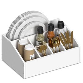 Lille Home Paper Plate Dispenser & Holder for Kitchen Counter, Bamboo Rustic Silverware Utensil Caddy, 6-Compartment Bamboo Paper Plate Organizer Box For Kitchen Counter, Party, Camping, Picnic