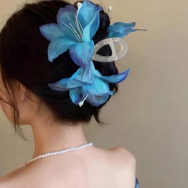 Rannyrena Artificial Flower Hair Claw Clips for Women Large Hawaiian Orchid Non-Slip Hair Barrettes for Beach Seaside Party Tropical Flower Hair Accessories (Blue Lily)