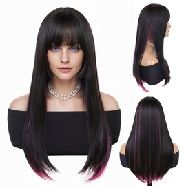 GNIMEGIL 26 Inch Natural Black Wigs for Women Long Silky Straight Remy Hair Wig with Bangs Heat Resistant Synthetic Fiber Mixed Color Glueless Roleplay Cosplay Costume