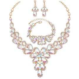 chaoyite Elegant Bridal Necklace Earring Bracelet Sets Austrian Crystal Wedding Prom Costume Jewelry Sets for Bride Bridesmaid Women, Copper Alloy, Crystal Rhinestone