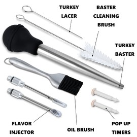 Turkey Baster Set w/Timer and Lacer – Stainless Steel Turkey Baster with Silicone Bulb, 2xPump Flavor Injectors, Silicone Brush, Pop-Up Timer, Turkey Lacer and Cleaning Brush, A Must For Thanksgiving