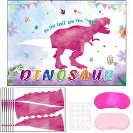 Pin The Tail on The Dinosaur Game -Dinosaur Party Games for Kids Girls with 21'' x 28'' Poster, Reusable Pink Tails Party Supplies for Kids Girls Birthday Party Favor Sets