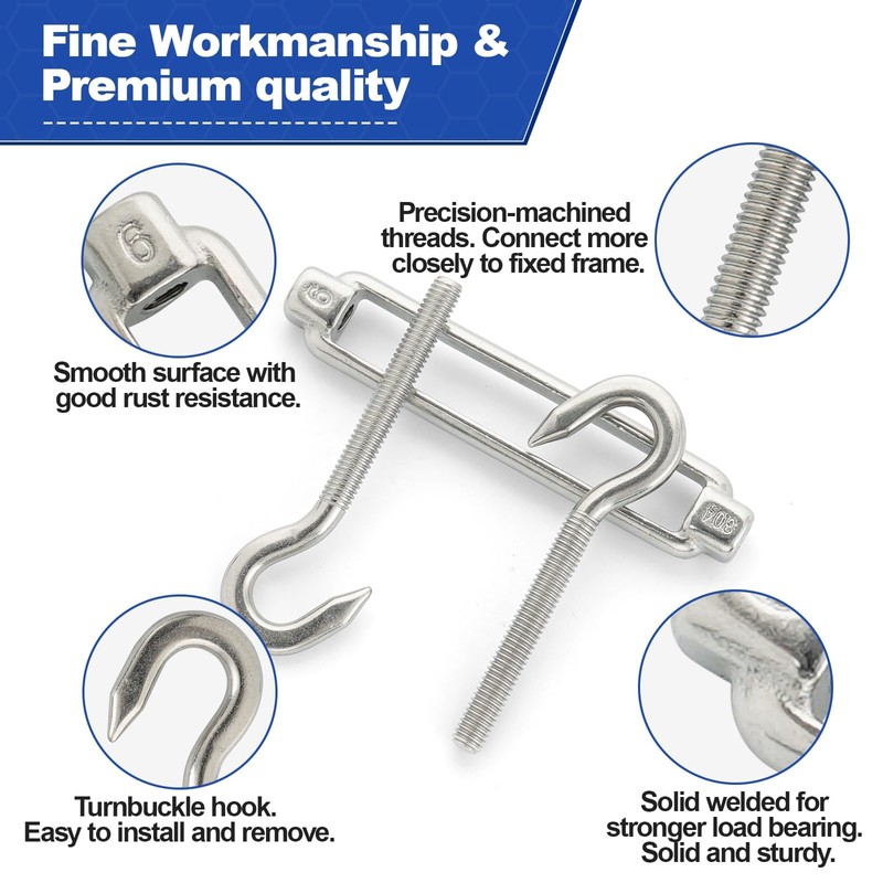 TooTaci 10PCS M6 Turnbuckle 304 Stainless Steel Turnbuckle Hook and