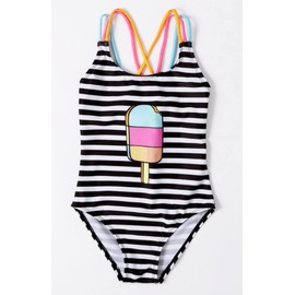 stylesilove Little Girls Sweet Popsicle Striped One-Piece Swimsuit Bathing Suit Beach Swimwear (M/2T) Black