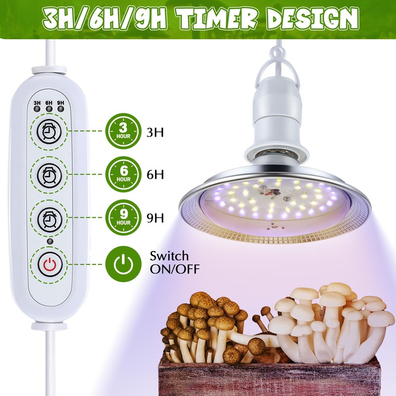 Meonum Mushroom Grow Light with 3/6/9 Hour Timer, 360° LED