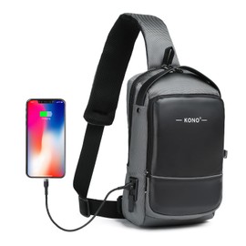 Kono Anti-Theft Sling Backpack, Water-resistant Crossbody Bag With USB Charging Port, Fashion Travel Mans Chest Bag for Cycling Camping Walking (Black/Grey)
