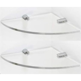 BSM Marketing SET OF 2 Wall Mounted Floating Acrylic Corner Shelves with Chrome Supports available in Clear, Black and White (Clear, 200mm x 2)