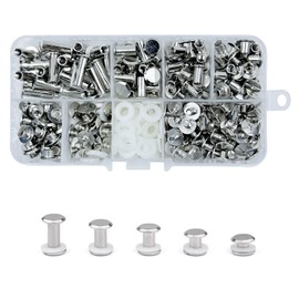 KUKUJIWA 100 Sets of Book Screws Stainless Steel Nckel-Free, Belt Rivets for Screwing, Rivets for Leather, M5 x 4/6/8/10/15 mm Kit 5 Sizes Accessories Nails Rivets Chicago Button for Belt Bags DIY