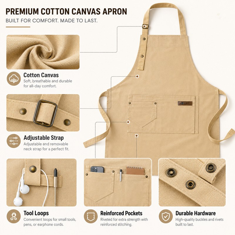 Canvas Work Apron for Cooking and Crafts – Adjustable Cross-Back