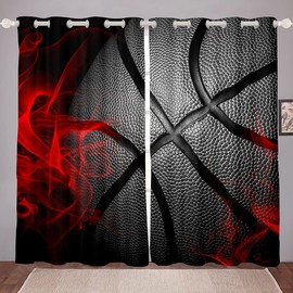 Homewish Basketball Window Curtains Black Basketball Pattern Window Drapes for Bedroom Living Room Sports Theme Window Treatments Grommet Top Microfiber Fabric 2 Panel Set Curtains, 84Wx63L inch
