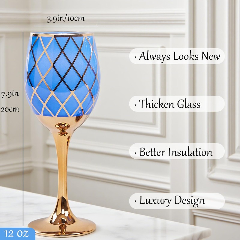 CretFine Blue and Gold Gold Wine Glasses Set of 2,