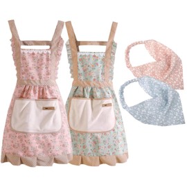 Guegine 2 PCS Floral Kitchen Apron with Pockets and 2 Floral Hair Scarf,Wrap Around Aprons 1940 Style,Flower Vintage Apron,Adjustable Size for Cooking,Baking and Gardening,Durable and for Home Use