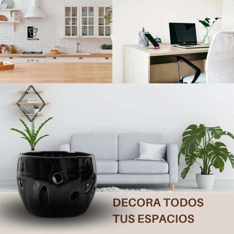 Maceta De Cerámica Esmalte Negro Para Orquídeas Pequeñas Calada Redonda