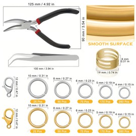 YUZHEDM Pack of 1160 Jump Rings, Jump Rings, Jewellery Making Accessories, Metal Open Rings, Jump Ring Pliers, 5 Sizes, for Bracelets, Necklaces, Crafts, Keyrings, Necklaces, Earrings, Repair