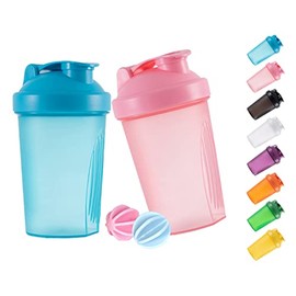 Botella Coctelera de Proteínas y Botella Mezcladora de 16 onzas/400ML con Bolas Batidoras, Plástico Libre de BPA (Azul+Rosa(2PCS))