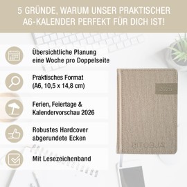 TOBJA Pocket Calendar 2025 A6 Denim - 1 Week 2 Pages, Robust Hard Cover, Pocket Calendar 2025 Small, Holidays & Holidays, Ribbon Bookmark, Calendar Preview 2026, Calendar 2025 A6 [Denim]