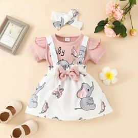 Toddler Baby Girl Summer Outfits Ruffle Sleeve Romper Ribbed Onesie Suspender Skirt Overall Dress Summer Clothes 3Pcs(A-Pink,12-18 Months)