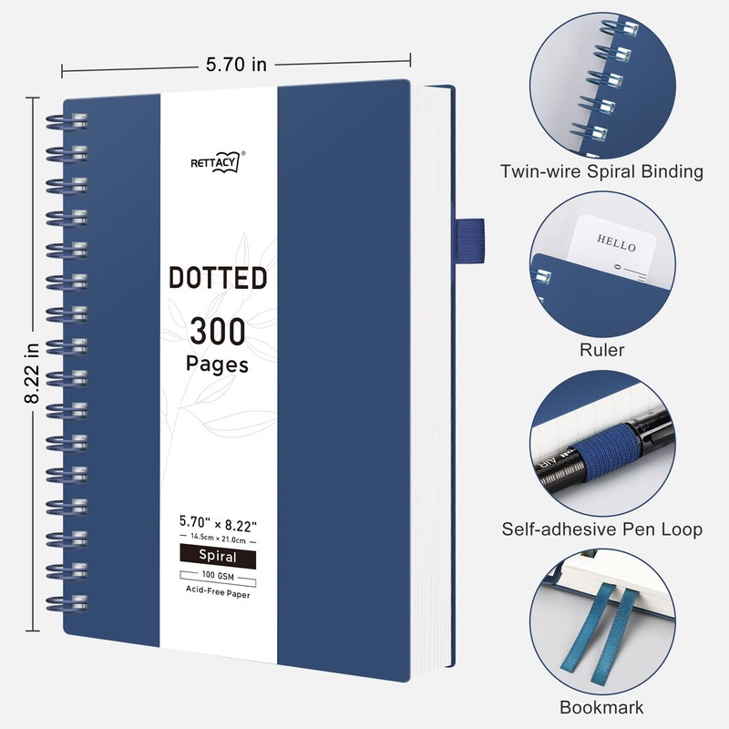 RETTACY Bullet Dotted Journal Notebook, 300 Pages, A5 Medium Size