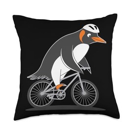 Penguin Riding Bicycle With Helmet Throw Pillow