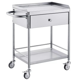Unbranded 2-Tier Medical Trolley Steel Cart Mobile Lab Utility Cart with A Drawer